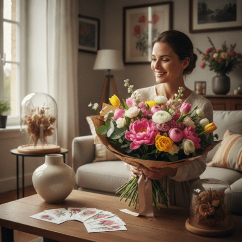Femme souriante tenant un grand bouquet de fleurs variées dans son salon, illustrant l'abonnement floral mensuel
