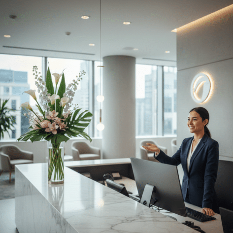 Composition florale moderne (Arums et Monstera) posée sur un comptoir d'accueil d'entreprise sans gêner la visibilité - Service B2B Openflor