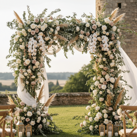 Grande arche de mariage fleurie avec roses, pampas et voilages pour cérémonie laïque - Fleuriste Openflor Lille