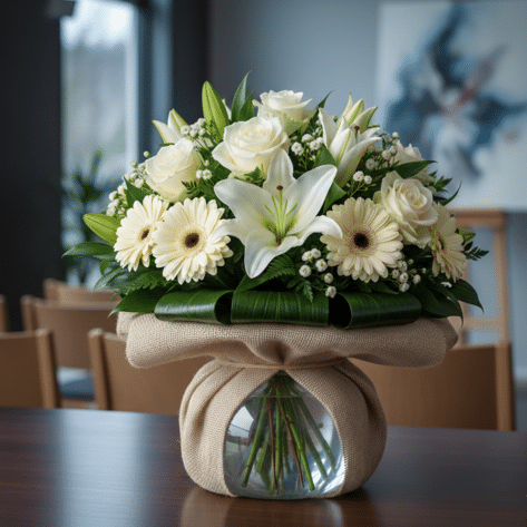Bouquet deuil avec réserve d'eau intégrée (bulle) composé de lys et roses blanches - Fleuriste Openflor Lille