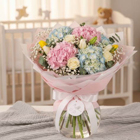 Bouquet bulle d'eau naissance aux fleurs roses et bleues (hortensias, roses) posé dans une chambre de bébé