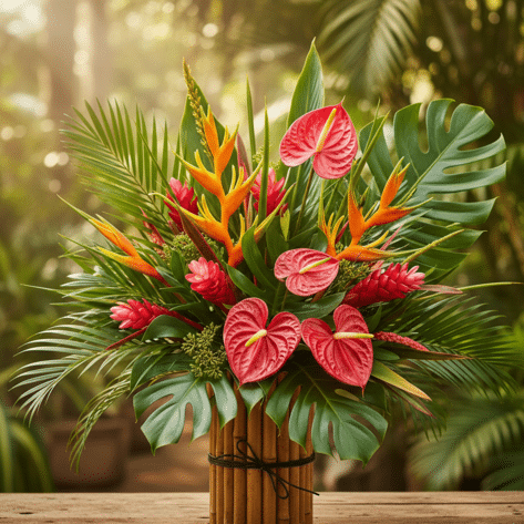 Composition florale exotique avec anthuriums rouges, héliconias et feuillages tropicaux - Openflor Lille