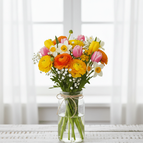 Création d'un bouquet de fleurs à Lille par un artisan : Bouquet rond coloré de fleurs fraîches de saison (tulipes, renoncules) - Fleuriste Openflor Lille