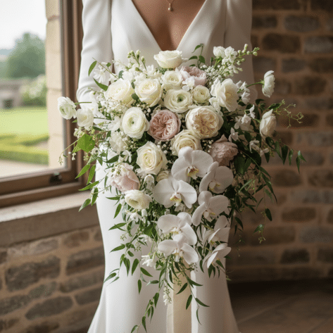 Bouquet de mariée réalisé par un fleuriste mariage à Lille. Mariée en robe moderne tenant un bouquet cascade avec orchidées blanches et roses anciennes - Fleuriste Mariage Openflor Lille