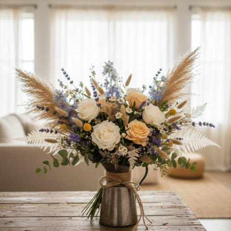 Bouquet style bohème chic avec fleurs des champs et graminées - Fleuriste Openflor Lille