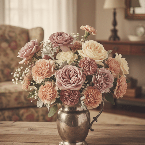 Bouquet style vintage avec roses anciennes et œillets aux teintes poudrées - Fleuriste Openflor Lille