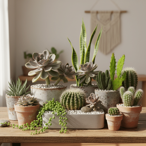 Assortiment de cactus et succulentes (Echeveria, Aloe, Séneçon) en pots décoratifs - Openflor Lille