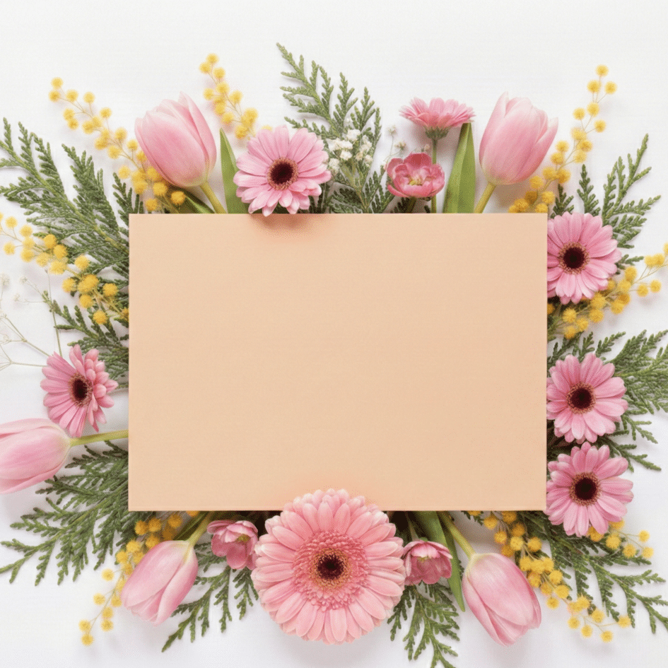 Carte de message vierge entourée de fleurs roses (tulipes et gerberas) pour accompagner la livraison d'un bouquet
