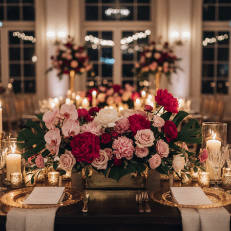 Centre de table bas luxueux (Pivoines roses, Orchidées, Roses) dans un vase doré - Décorateur Openflor Lille