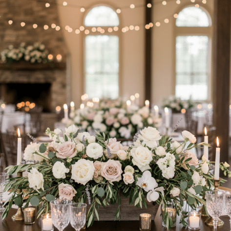 Centre de table de mariage romantique avec roses poudrées, feuillage et bougies - Fleuriste Openflor Lille
