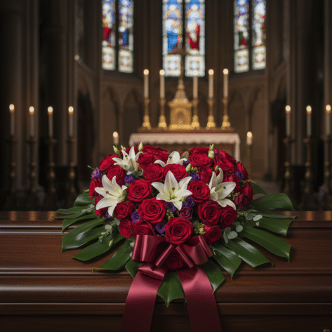 Cœur de fleurs deuil (roses rouges et lys) posé sur le cercueil - Fleuriste Openflor Lille