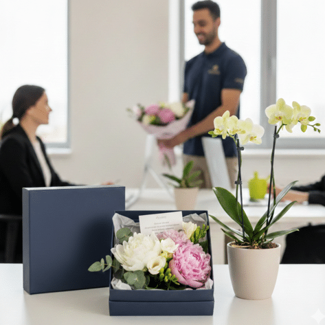Coffret cadeau fleuri (Flower Box) et orchidée sur un bureau, avec livraison de bouquet à une collaboratrice en arrière-plan - Service entreprise Openflor