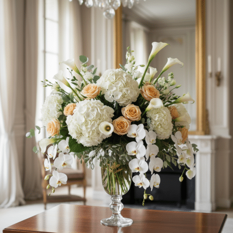 Grande composition florale de luxe avec hortensias et orchidées - Fleuriste Openflor Lille
