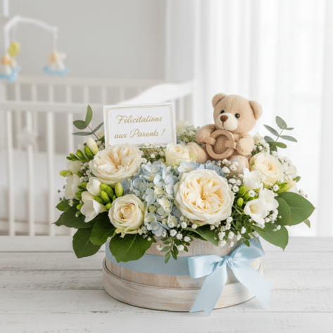 Bouquet fleurs de naissance à Lille avec doudou. Composition piquée de fleurs fraîches naissance et ourson - Openflor Lille