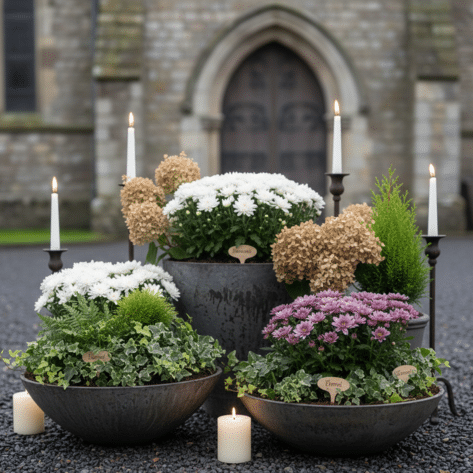 Créations végétales pour le deuil : coupes basses avec chrysanthèmes, lierre et arbustes - Openflor Lille