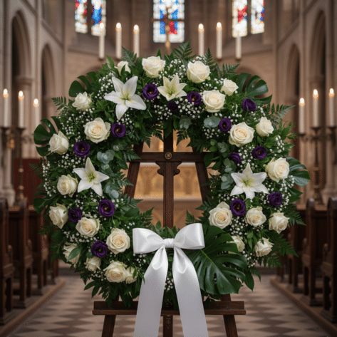 Grande couronne de fleurs sur trépied (Roses blanches, Lys, Lisianthus) avec ruban blanc - Fleuriste Openflor Lille