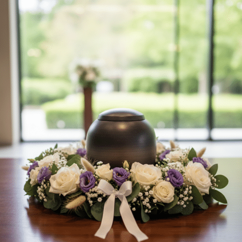 Couronne de fleurs délicate entourant une urne cinéraire (Roses blanches, Lisianthus) - Fleuriste Crémation Lille