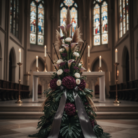 Composition deuil en hauteur (forme conique) avec arums et feuillage graphique - Fleuriste Openflor Lille