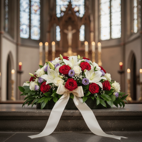 Coussin de fleurs rond pour obsèques piqué dans la mousse (Roses rouges, Lys, Lisianthus) - Fleuriste Openflor Lille