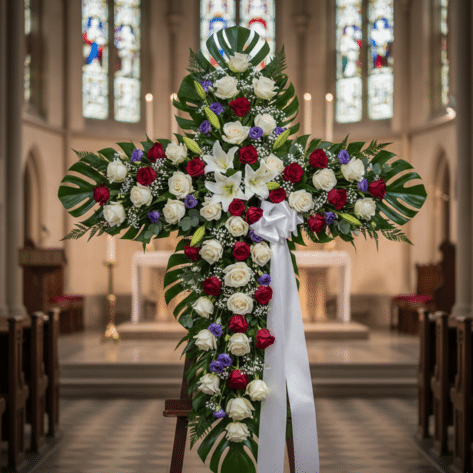 Grande croix florale sur chevalet pour obsèques religieuses (Roses, Lys, Feuillage) - Fleuriste Openflor Lille