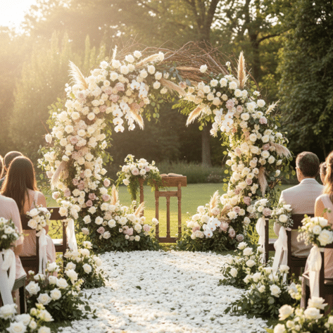 Scénographie de cérémonie laïque en extérieur avec arche ronde fleurie, tapis de pétales blancs et bouquets de chaises - Décorateur Openflor Lille