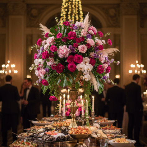 Imposante composition florale en hauteur sur vase doré, décorant un buffet traiteur de réception de prestige - Scénographe Openflor Lille