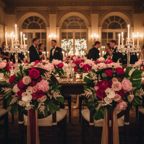 Dos de chaises décorés de compositions florales (Roses, Pivoines) et rubans longs pour un dîner de gala - Décorateur Openflor Lille