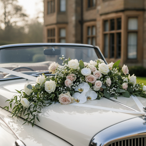 Décoration florale sur capot de voiture de mariage ancienne avec roses et rubans - Fleuriste Openflor Lille
