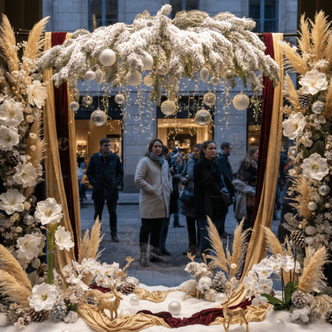 Vitrine de boutique décorée pour Noël avec neige, amaryllis blancs, pampas et boules dorées suspendues - Scénographie Openflor