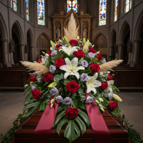 Grand dessus de cercueil (Raquette) vue de dessus avec roses rouges, lys et ruban bordeaux - Fleuriste Openflor Lille