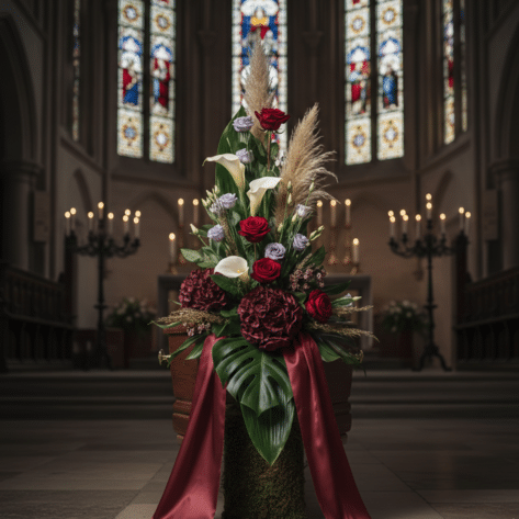 Composition florale haute pour devant de cercueil avec ruban bordeaux, roses et arums - Fleuriste Openflor Lille