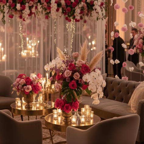 Coin détente cosy pour mariage avec canapés velours, séparé par un rideau de fleurs suspendues sur fils invisibles - Scénographie Openflor