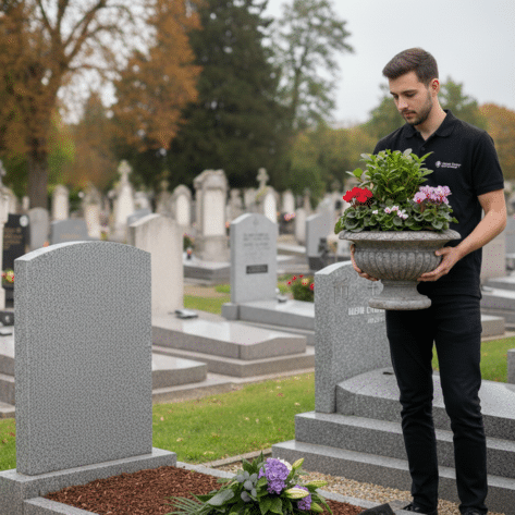 Livreur déposant une coupe de plantes sur une tombe pour le service de fleurissement de sépultures Openflor
