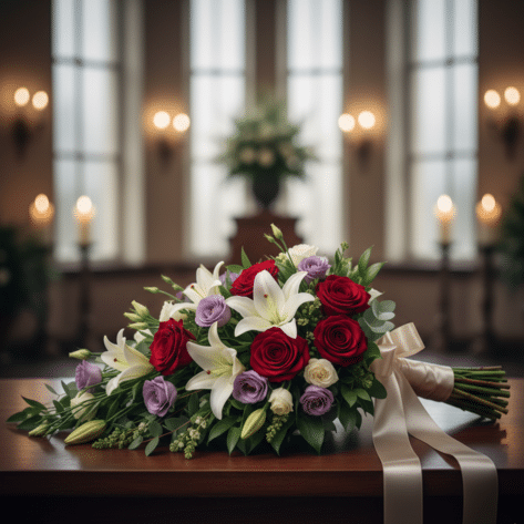 Fleurs de deuil à Lille : Gerbe de fleurs deuil à plat (roses rouges, lys, lisianthus) posée sur une table - Fleuriste Openflor Lille