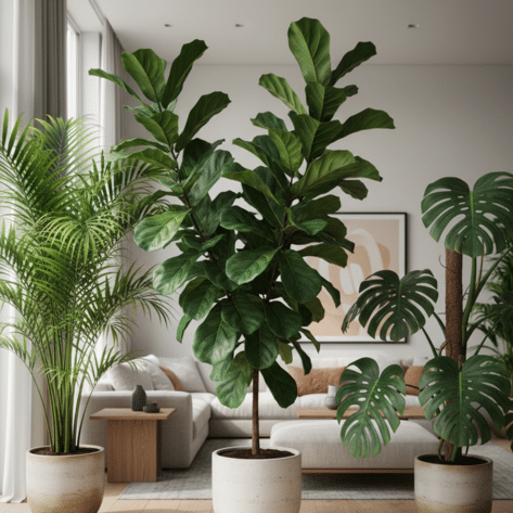 Trio de grandes plantes d'intérieur XL (Ficus Lyrata, Palmier Kentia, Monstera) dans un salon moderne - Openflor Lille