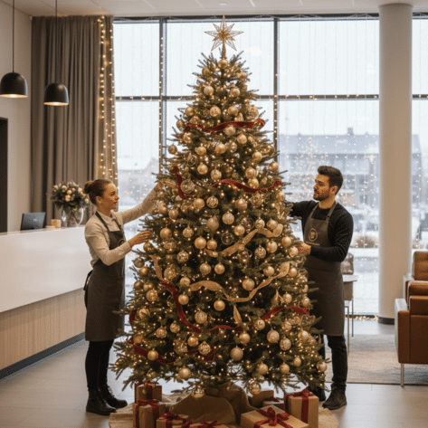 Équipe de fleuristes décorant un grand sapin de Noël dans un hall d'accueil d'entreprise avec guirlandes LED aux fenêtres - Service Openflor