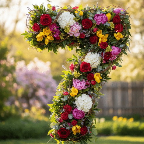 Chiffre 7 géant réalisé en composition florale pour illustrer la livraison de fleurs 7 jours sur 7 et jours fériés