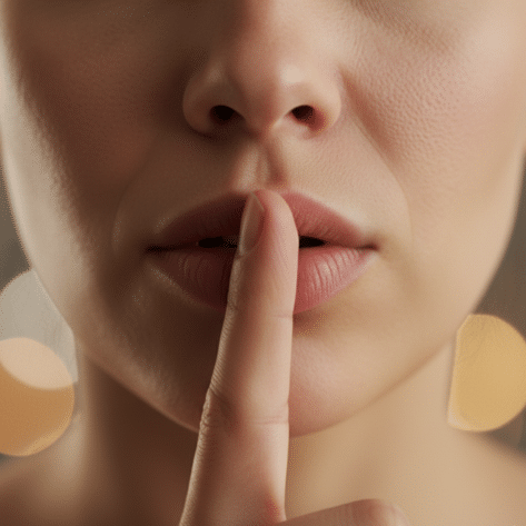 Gros plan d'un doigt sur la bouche (signe de silence) pour illustrer l'option de livraison de fleurs anonyme ou surprise