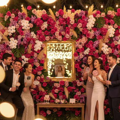 Grand mur floral luxuriant (roses, orchidées, pampas) servant de décor de fond pour un photobooth animé lors d'une soirée de mariage - Scénographie Openflor Lille