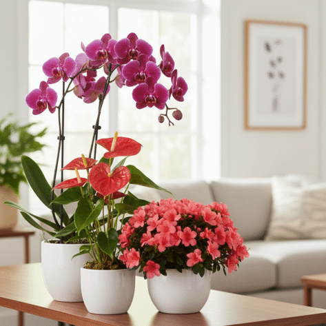 Trio de plantes fleuries : Orchidée Phalaenopsis violette, Anthurium rouge et Azalée rose - Openflor Lille