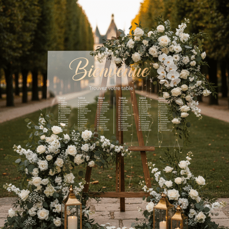 Panneau de bienvenue transparent sur chevalet bois, décoré d'une cascade de fleurs blanches et eucalyptus - Décorateur Mariage Openflor Lille
