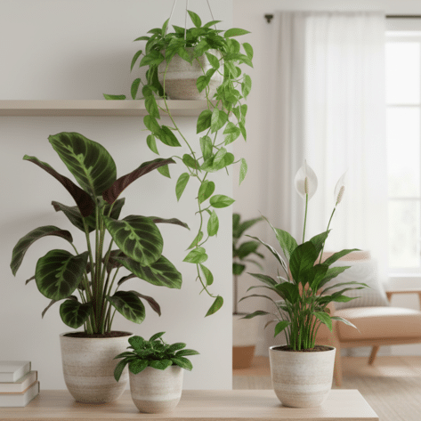 Décoration avec plantes d'intérieur à Lille : Assortiment de plantes vertes d'intérieur (Calathea, Pothos, Spathiphyllum) en pots céramique - Fleuriste Openflor Lille