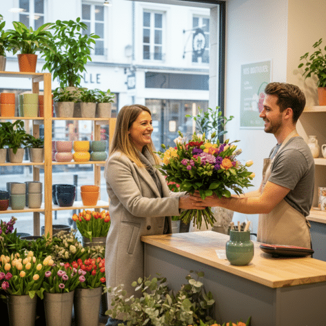 Cliente souriante récupérant son bouquet de fleurs au comptoir d'une boutique Openflor via le service Call & Collect (Retrait express)
