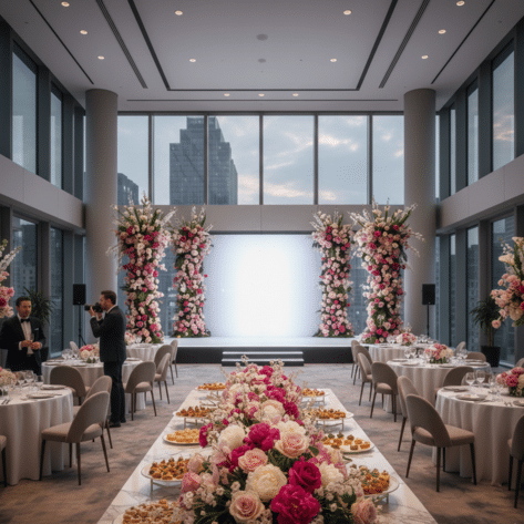 Vue d'ensemble d'une salle de réception moderne décorée pour un gala d'entreprise : long chemin de table fleuri sur buffet et colonnes de fleurs sur scène - Décorateur Openflor Lille
