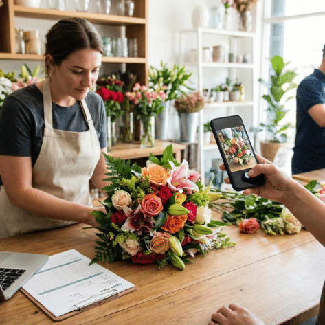 Fleuriste prenant une photo d'un bouquet avec un smartphone pour l'envoyer au client avant la livraison