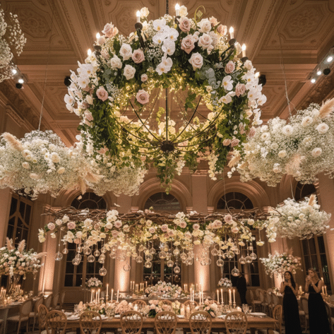 Installation d'une décoration florale à Lille pour événement. Scénographie aérienne spectaculaire avec lustres fleuris et nuages de gypsophile suspendus au plafond - Décorateur Openflor Lille
