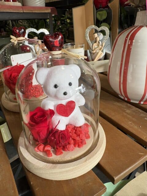 Cloche Amour Éternel et Ourson – Openflor Rose éternelle rouge et ourson blanc tenant un cœur rouge sous une cloche en verre, fleuriste Lille.