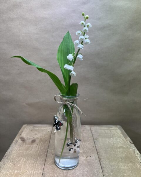 Brin de muguet soliflore papillon – Openflor Petit vase bouteille en verre avec un brin de muguet et un charme papillon argenté, Openflor Lille.
