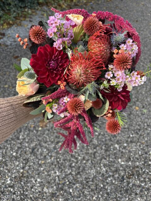 Bouquet de mariée bohème d’automne – Dahlia et Protea Bouquet de mariée bohème chic aux couleurs d'automne avec dahlia bordeaux et majestueux protea, fleuriste mariage Openflor.