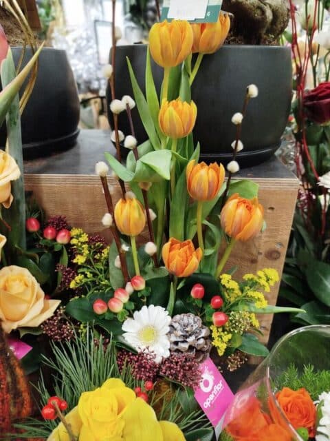 Composition de fêtes – Tulipes oranges et baies d’hypericum Composition de fêtes en hauteur avec tulipes oranges, baies d'hypericum et chatons, Openflor Lille.